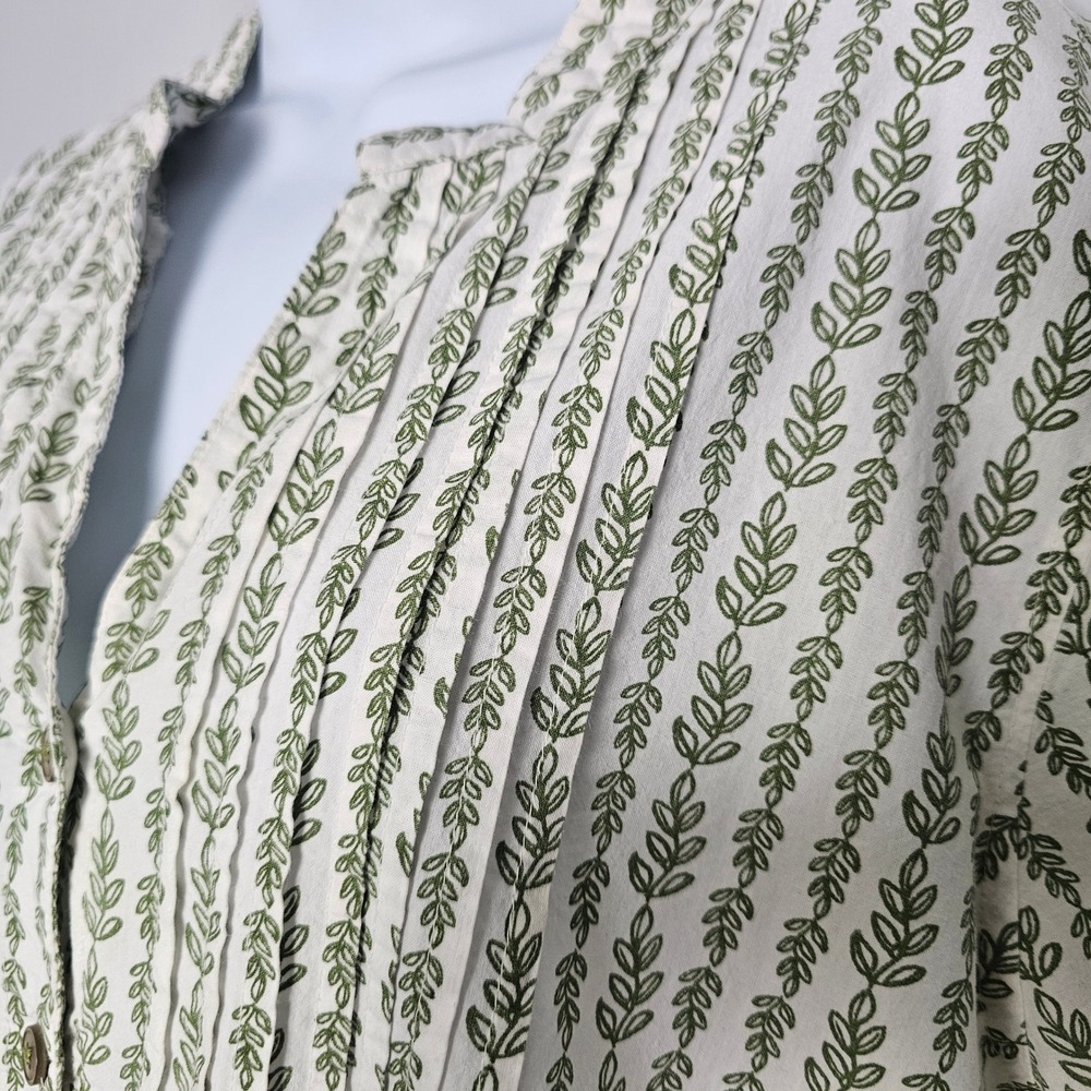 Blair Pintuck Blouse Women 3XL White Green Leaf Print Cotton Button Front Top - Picture 2 of 12